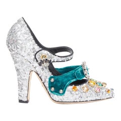 DOLCE GABBANA Bellucci  silver glitter rhinestone green velvet heels EU36