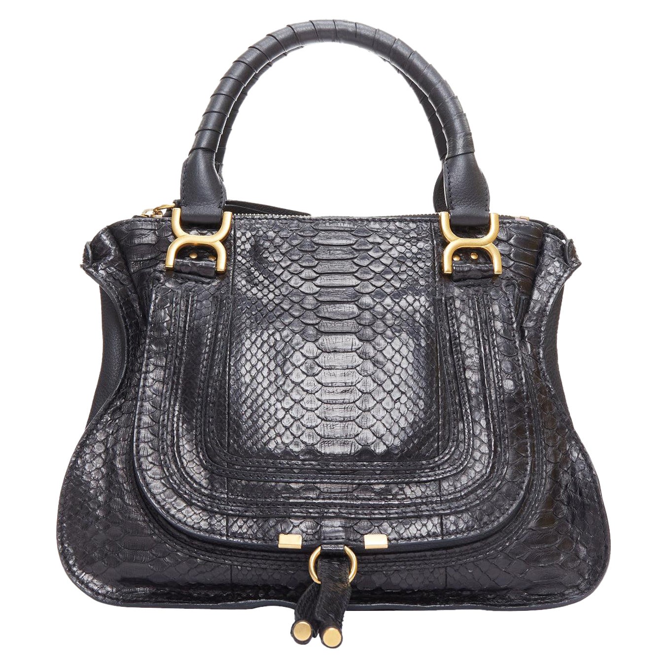 CHLOE Marcie black scaled leather gold hardware satchel bag For Sale