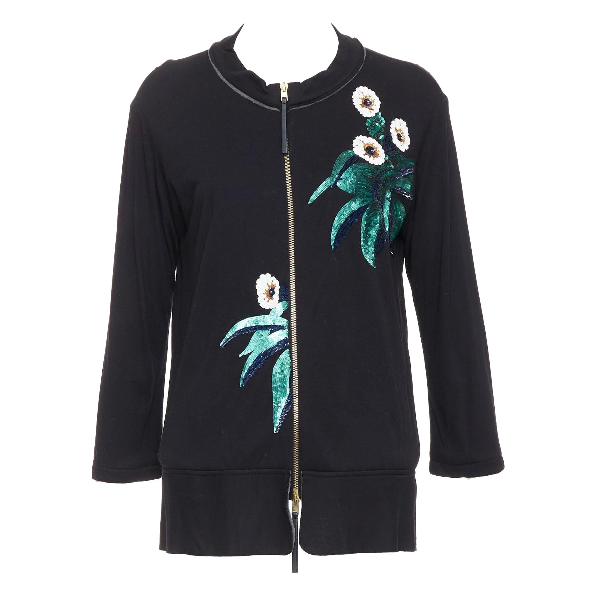 MARNI negro blanco verde lentejuelas flor cuero cremallera chaqueta jersey IT42 M en venta