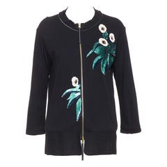 MARNI noir blanc vert paillettes fleurs cuir veste en jersey zippée IT42 M