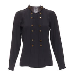 GUCCI 2008 100% silk black leather crest collar double breasted blouse IT38 XS