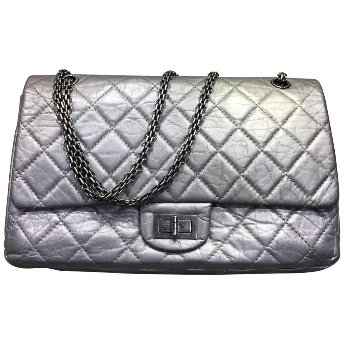 Chanel Silver Aged Calfskin Leather Quilted 2.55 Double Flap Bag