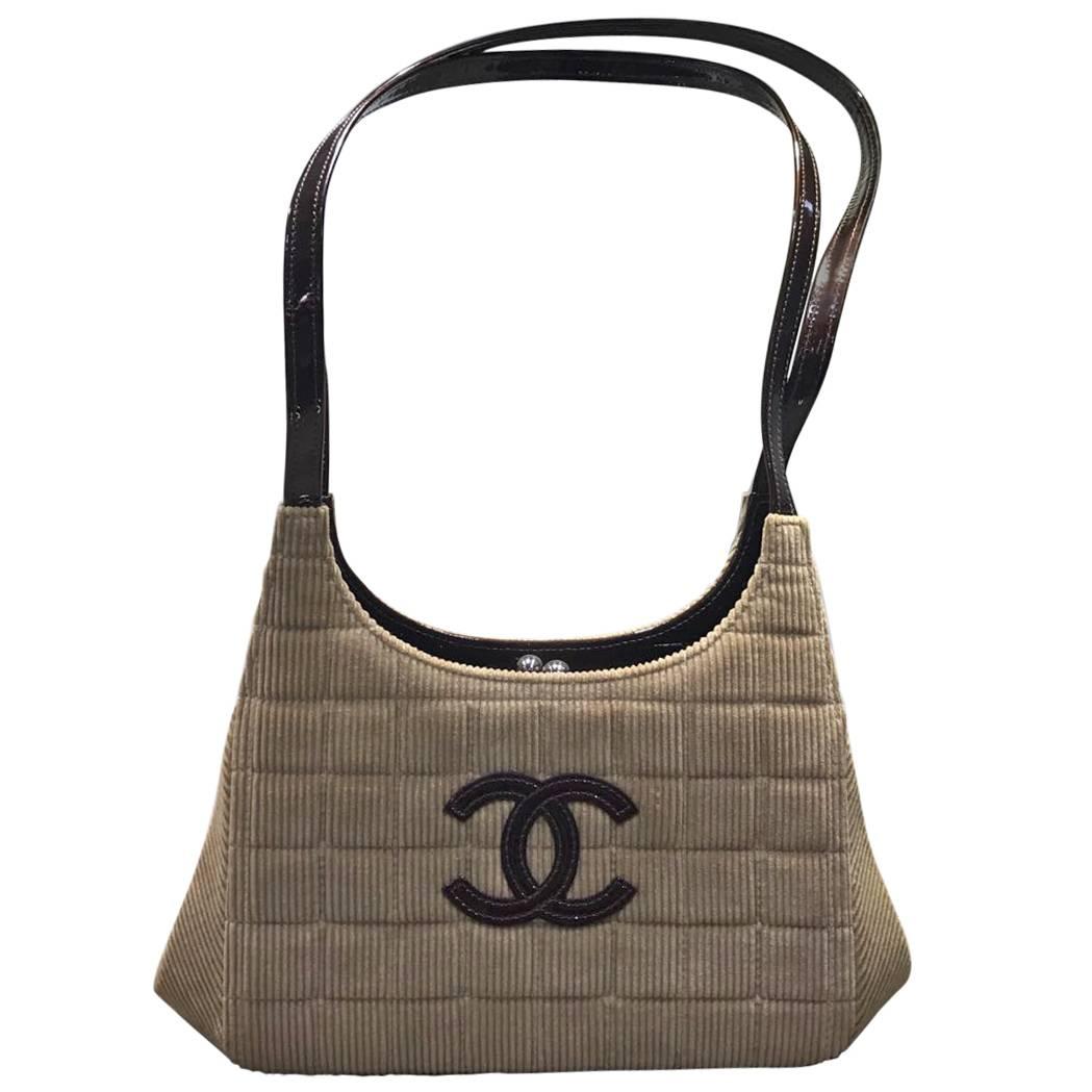 Chanel Beige Corduroy Brown Patent Leather Shoulder Bag