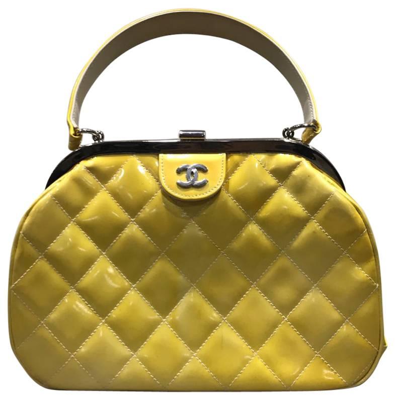 Chanel Yellow Quilted Patent Leather Handbag 