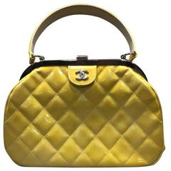 Chanel Yellow Quilted Patent Leather Handbag Vintage Chanel Yellow Quilted Patent Leather Handbag
