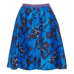 OSCAR DE LA RENTA S07 azul negro seda algodón estampado floral falda midi completa US2 S