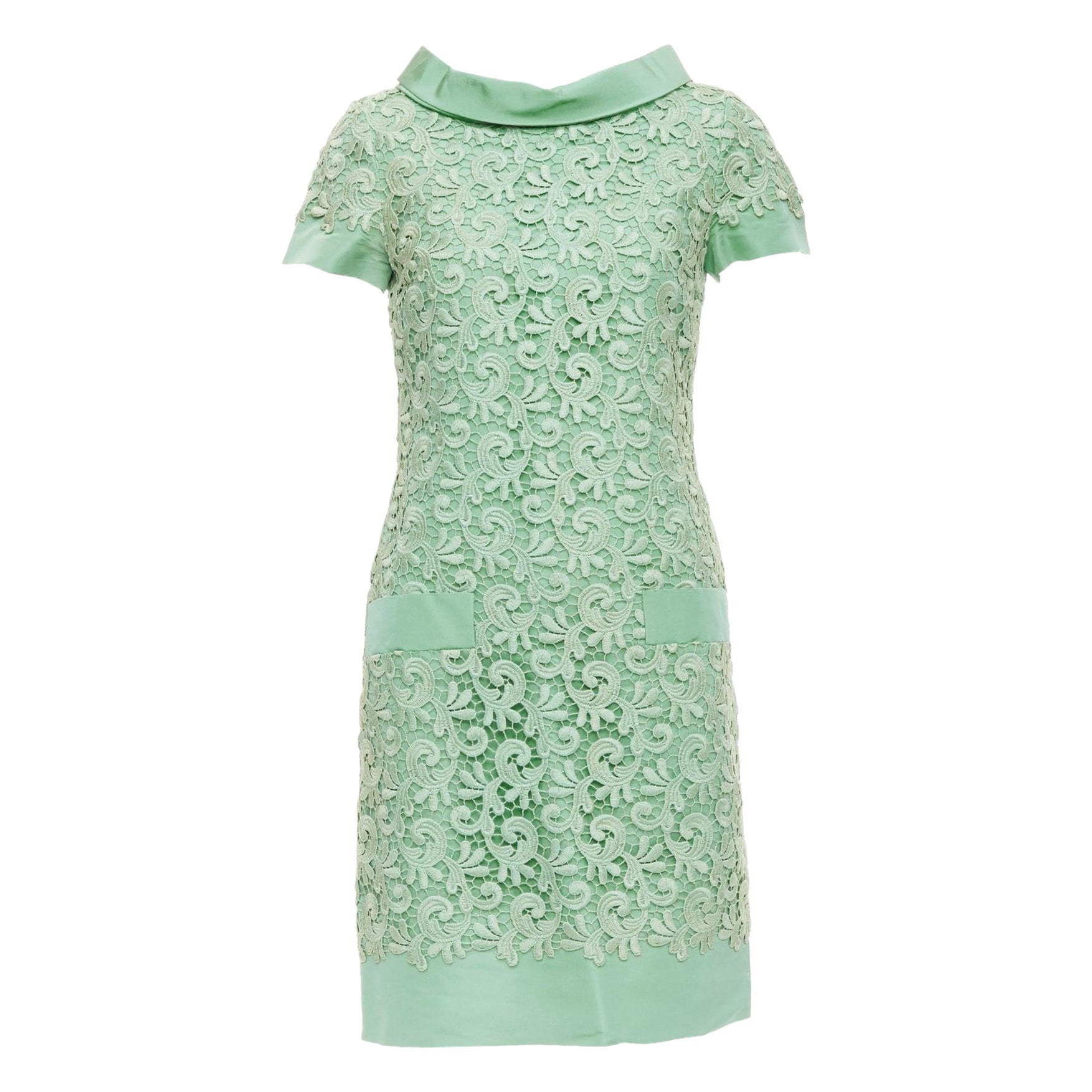 OSCAR DE LA RENTA S12 100%  green cotton lace silk stand collar dress US0 XS