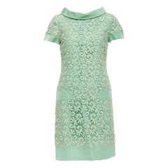 OSCAR DE LA RENTA S12 100%  robe à col montant en dentelle de coton et soie verte US0 XS