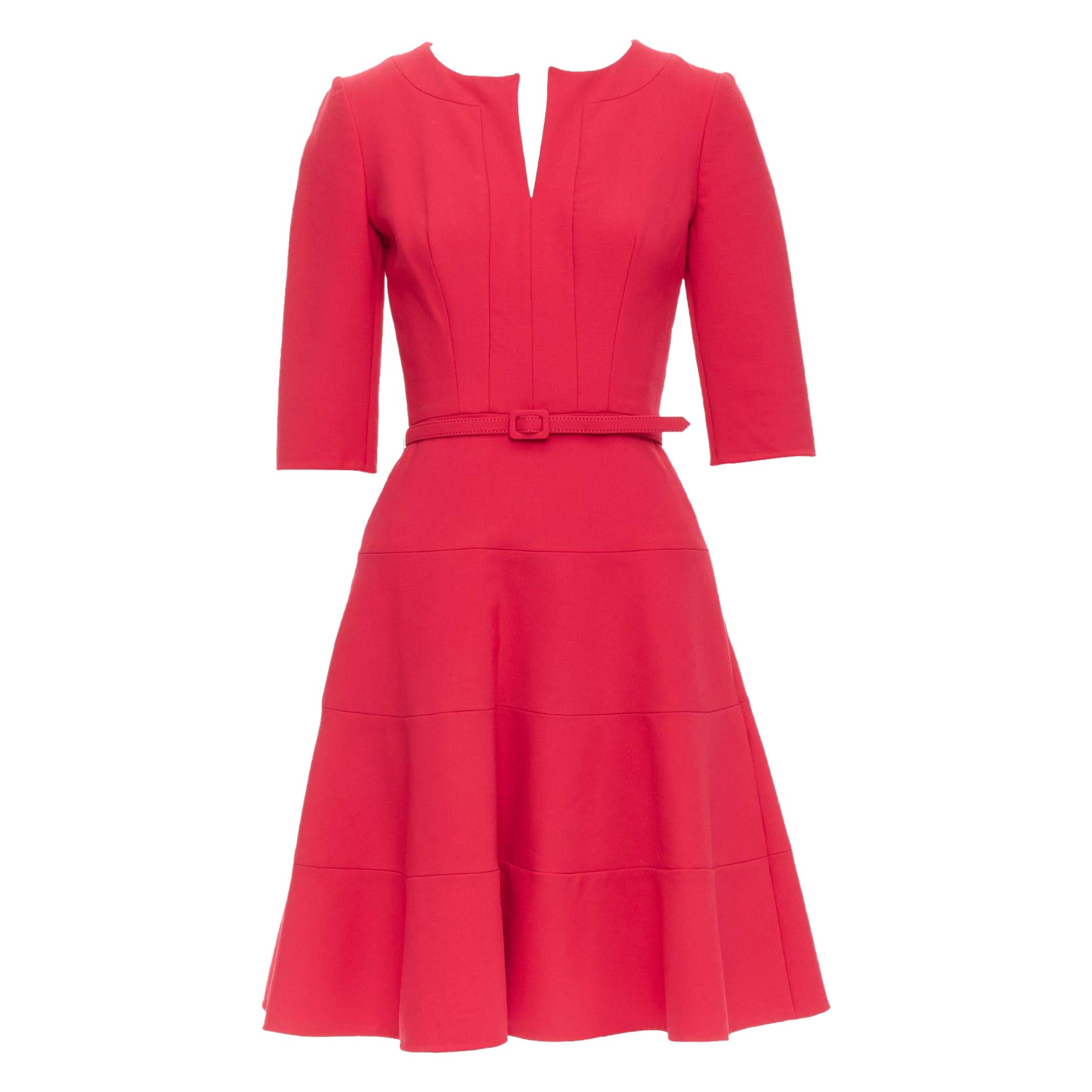 OSCAR DE LA RENTA R17 virgin wool blend slit neck pleated belted dress US0 XS For Sale