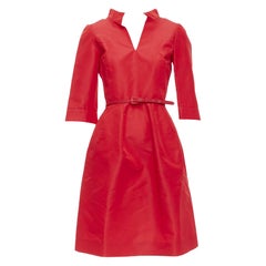 OSCAR DE LA RENTA PF12 red silk taffeta belted cocktail dress US0 XS