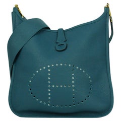 Hermes Blue Colvert Clemence Leather Evelyne III 29 PM Messenger Bag W/ GHW