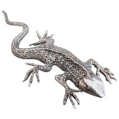 Vintage Art Deco Silver Marcasite Garnet Large Lizard Salamander Brooch 