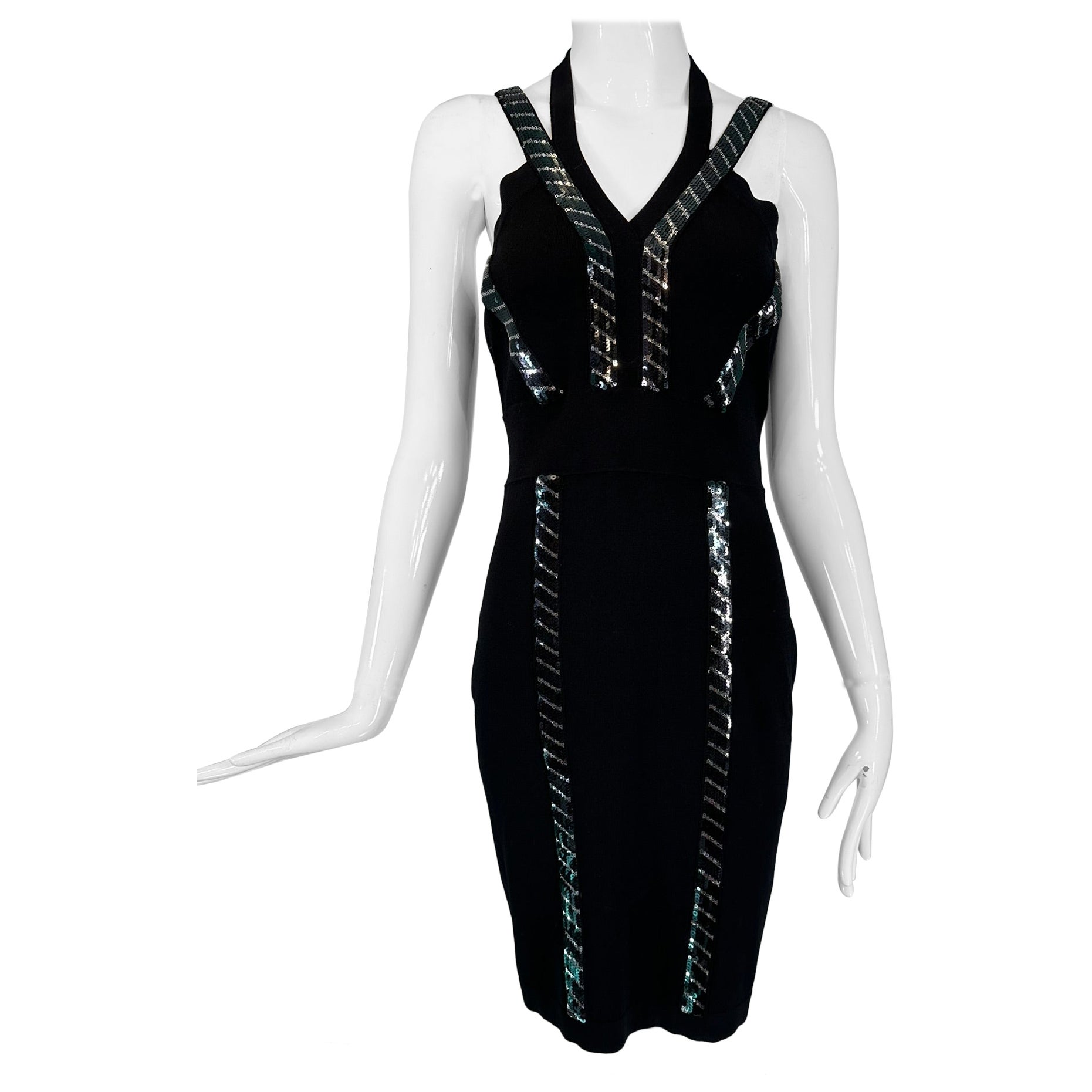 Versace Collection Black & Silver Sequin Knit Halter Neck Dress 44 For Sale