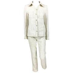 2001 Chanel Runway Off-White Bouclé Trouser Suit With Enamelled Logo Buttons
