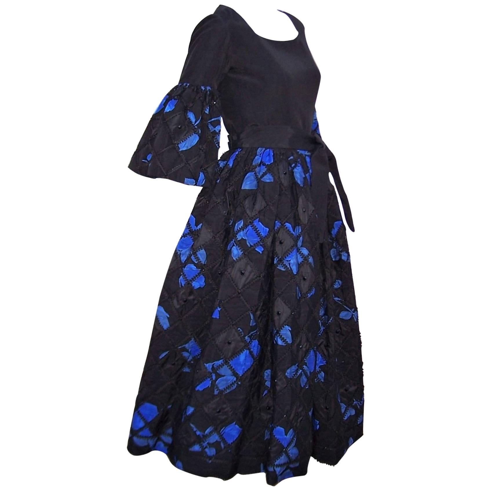 1970's Adolfo Two Piece Electric Blue & Black Peasant Dress 