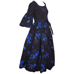 1970's Adolfo Two Piece Electric Blue & Black Peasant Dress 