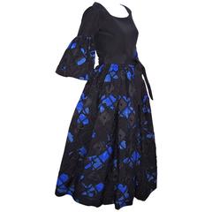 1970's Adolfo Two Piece Electric Blue & Black Peasant Dress