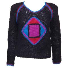 Vintage Bold C.1980 Geometric Hand Knit Black Wool Sweater