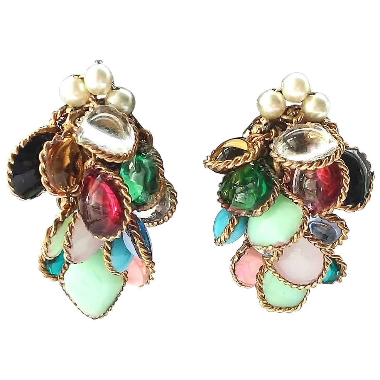 Multi coloured poured glass cluster earrings, Maison Gripoix, att. Chanel 1960s.