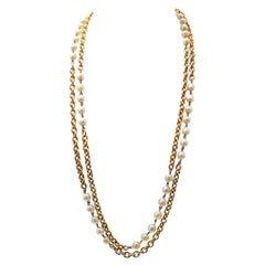 Chanel Double Gold Chain Pearl Stantion Necklace