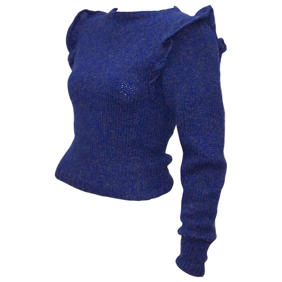 C.1980 Perry Ellis Lapis Blue Hand Knitted Wool Sweater 