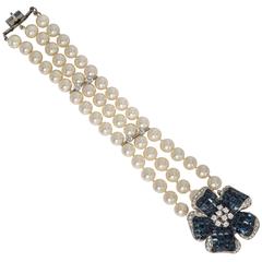 Vintage Bergdorf Goodman Faux Invisibly Set Sapphire Diamond Pearl Bracelet