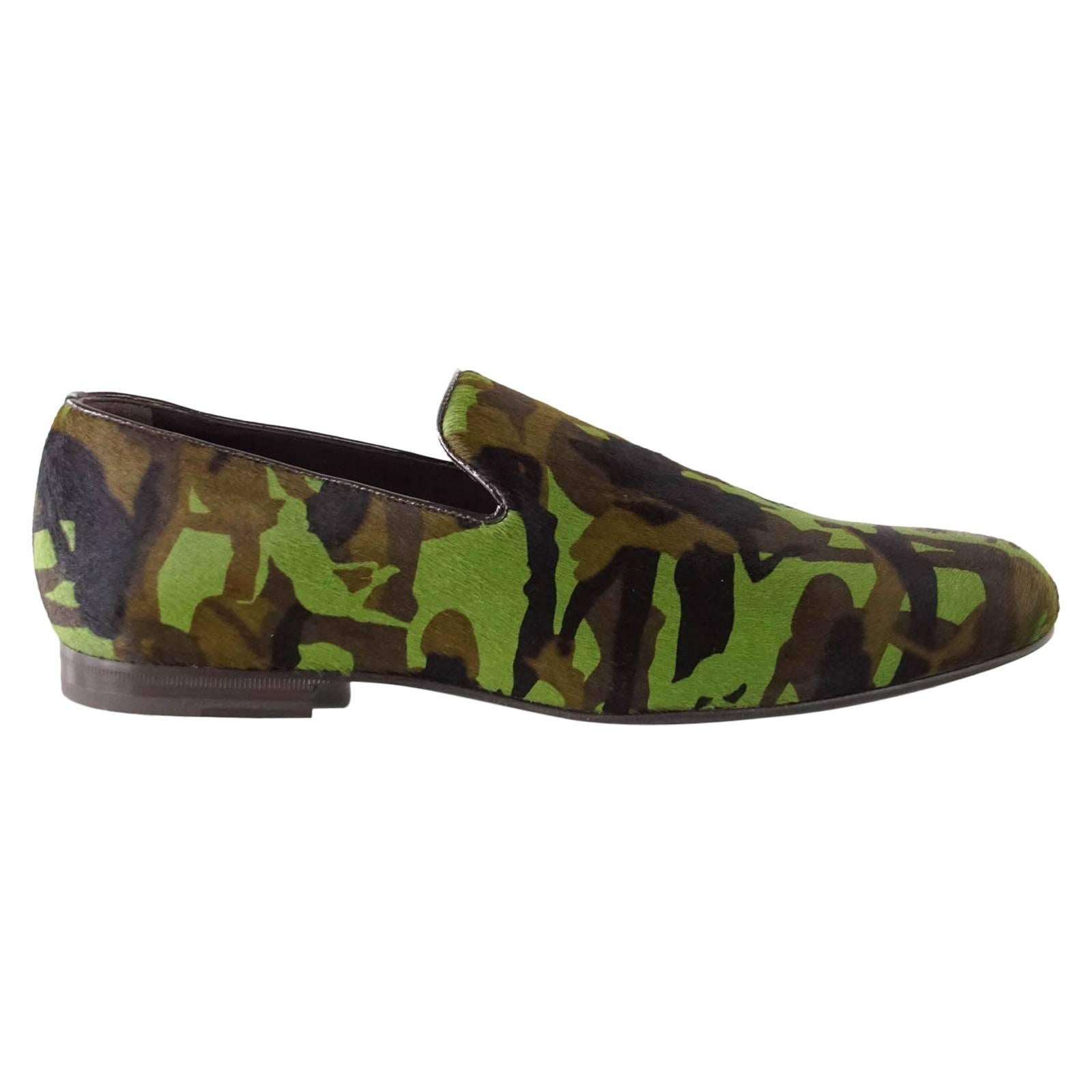 JIMMY CHOO Sloane Green Camouflage Printed Calf Hair Loafer Runway Trend 43/10  