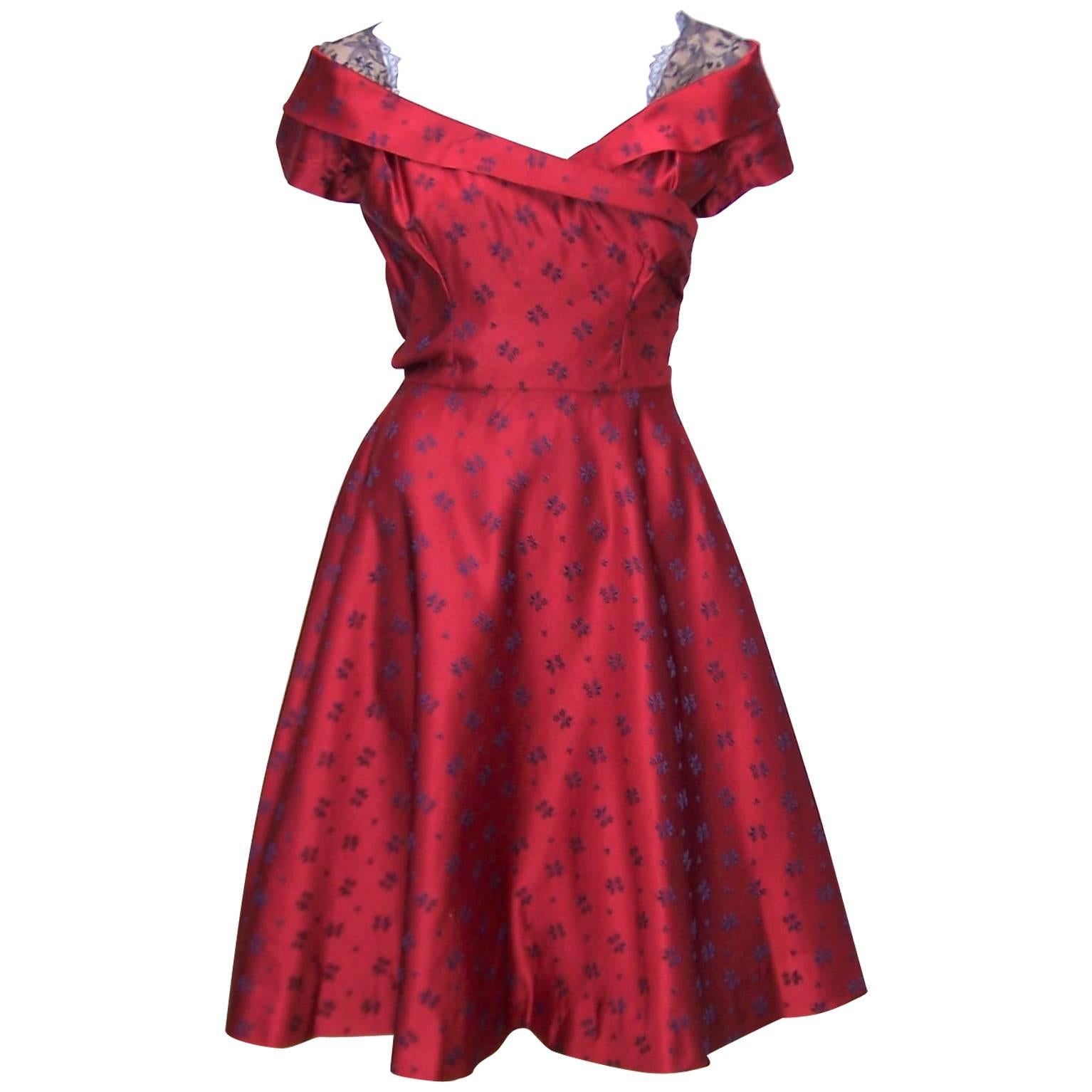 Late 1940's Adele Simpson Cherry Red & Blue Satin Party Dress