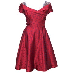 Late 1940's Adele Simpson Cherry Red & Blue Satin Party Dress