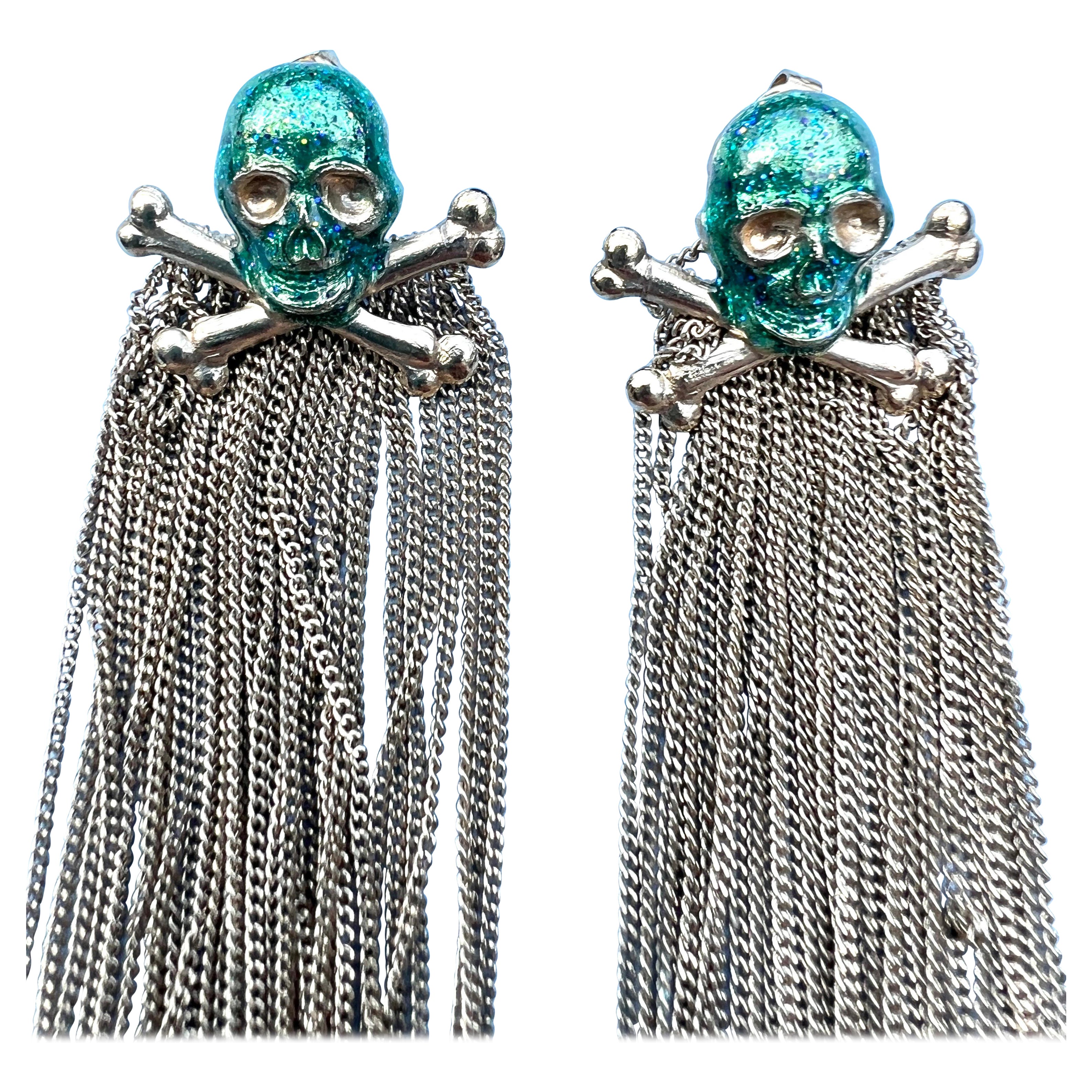 Skull Earrings Chain Enamel Green Dangle