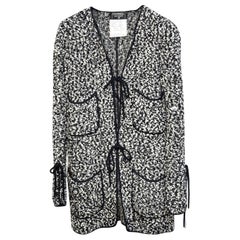 Chanel black and white wool tweed drawstring long sweater jacket