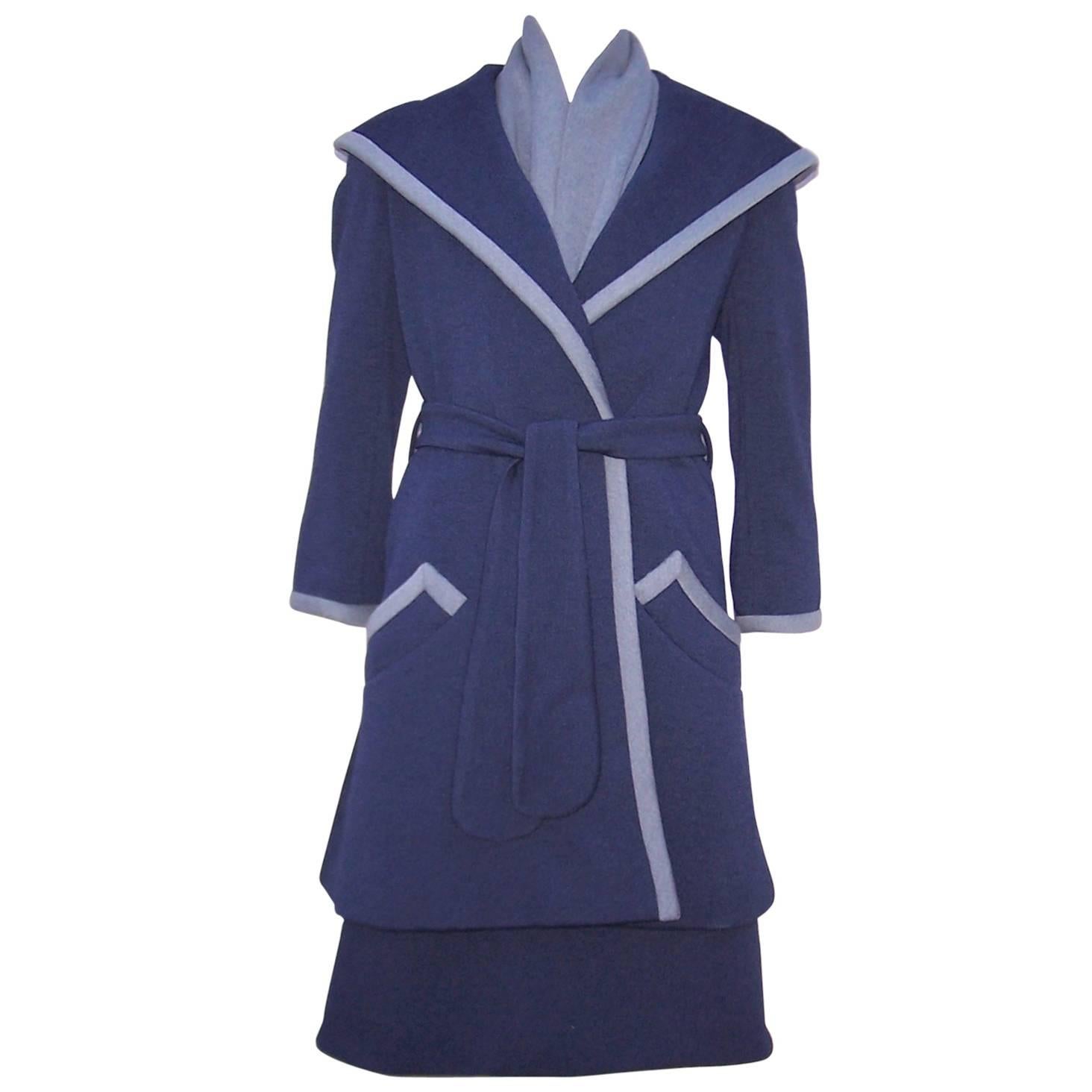 Outstanding 1960's Geoffrey Beene Blue & Gray Dress & Coat Ensemble
