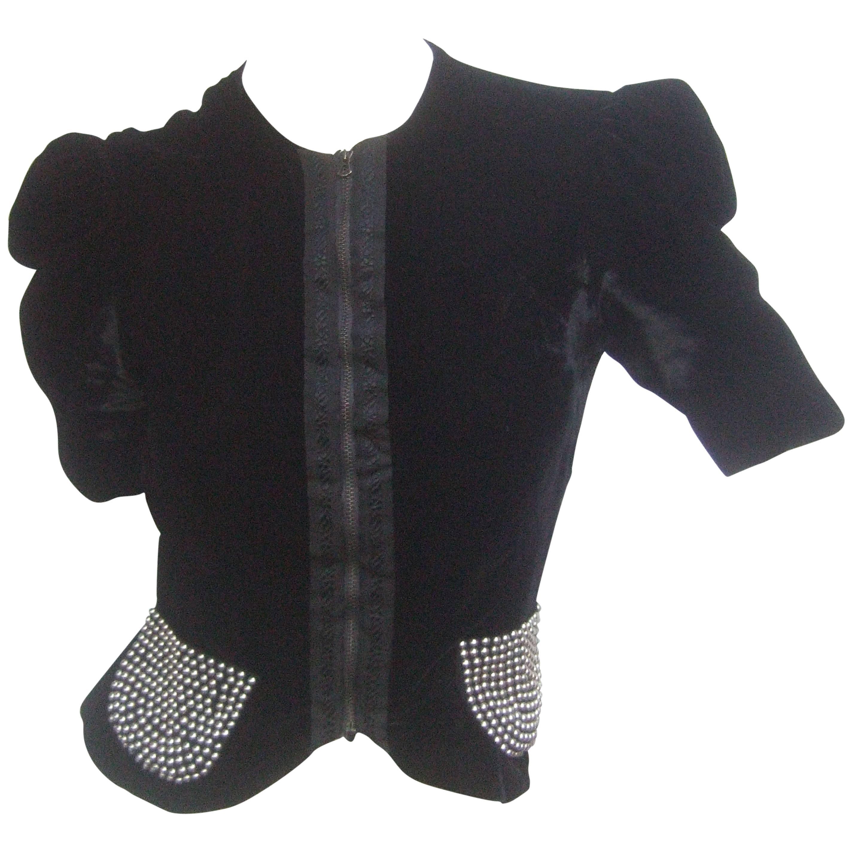 Saks Fifth Avenue Black Silk Velvet Grommet Jacket ca 1960 