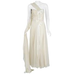 1940's Saks Fifth Avenue Ivory-Creme Beaded Chiffon One-Shoulder Goddess Gown 10