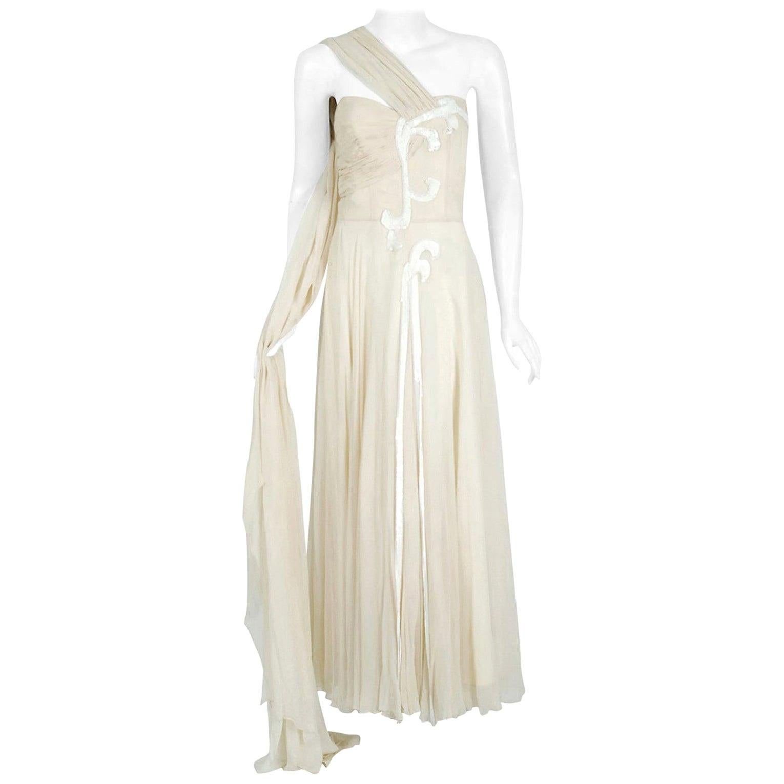 Vintage 1940's Saks Fifth Avenue Creme Beaded Chiffon OneShoulder