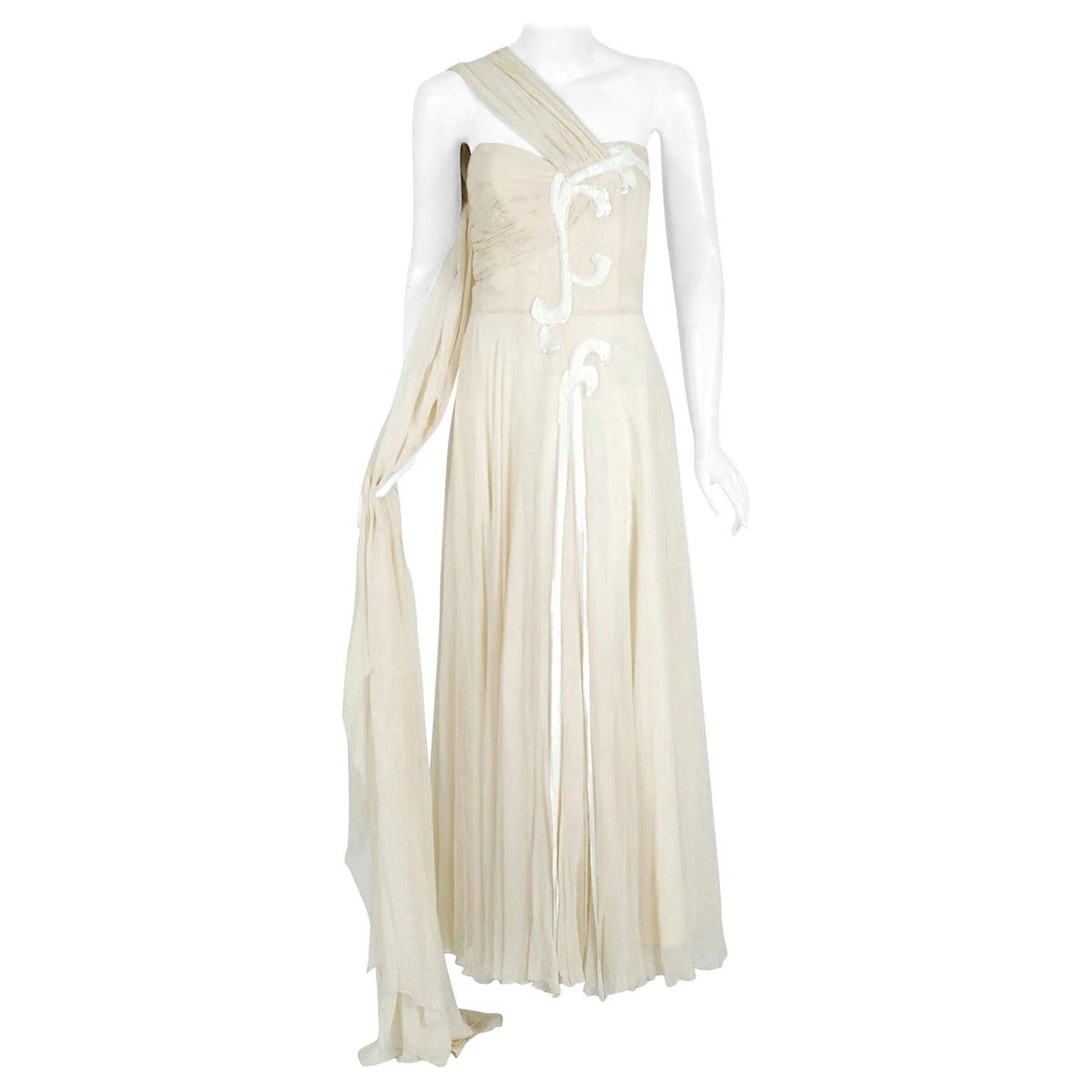 Vintage 1940's Saks Fifth Avenue Creme Beaded Chiffon One-Shoulder Bridal Gown For Sale