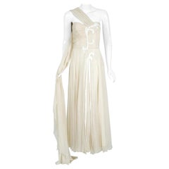 Vintage 1940's Saks Fifth Avenue Creme Beaded Chiffon One-Shoulder Bridal Gown