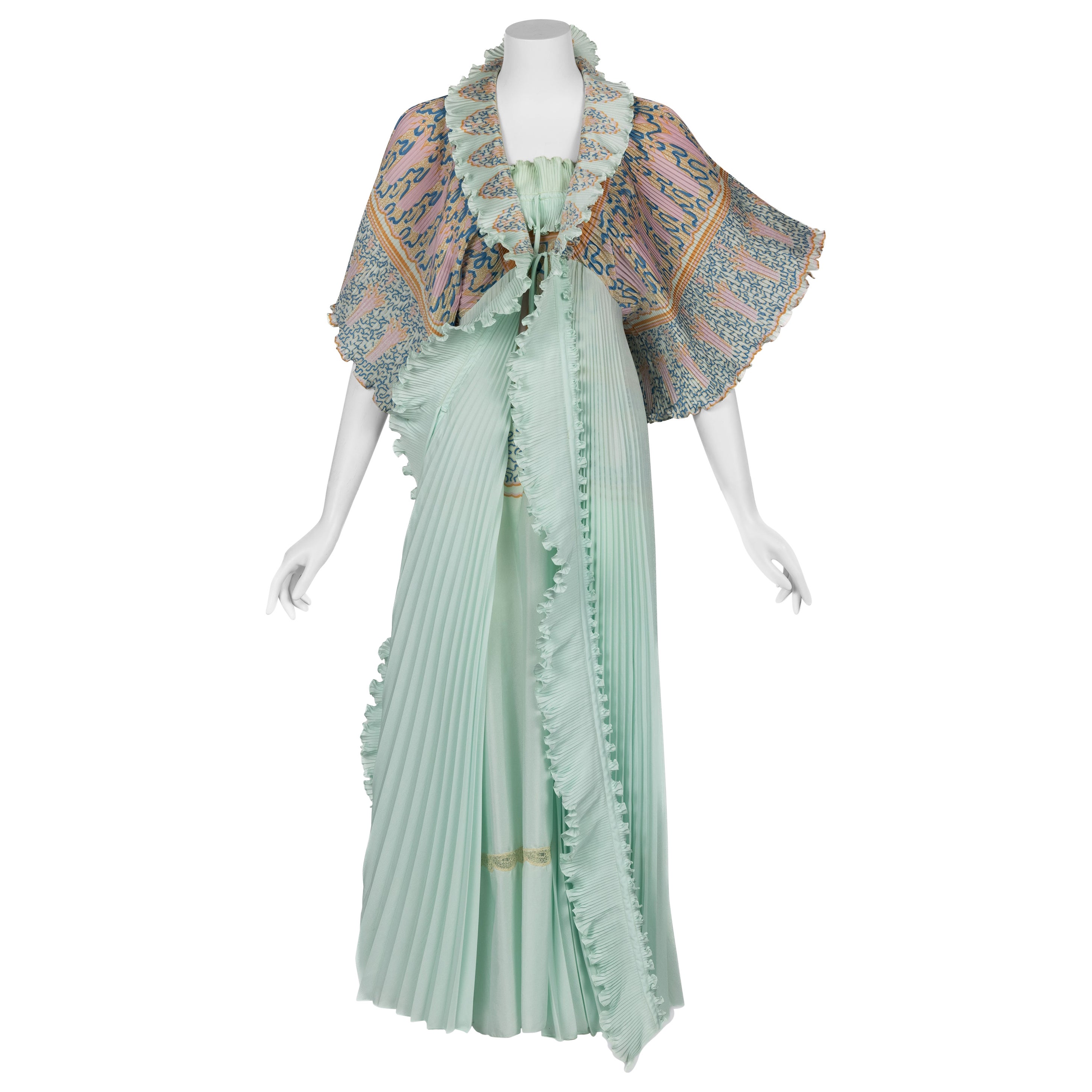 Zandra Rhodes Mint Green Printed Caftan Dress Set, 1970s For Sale