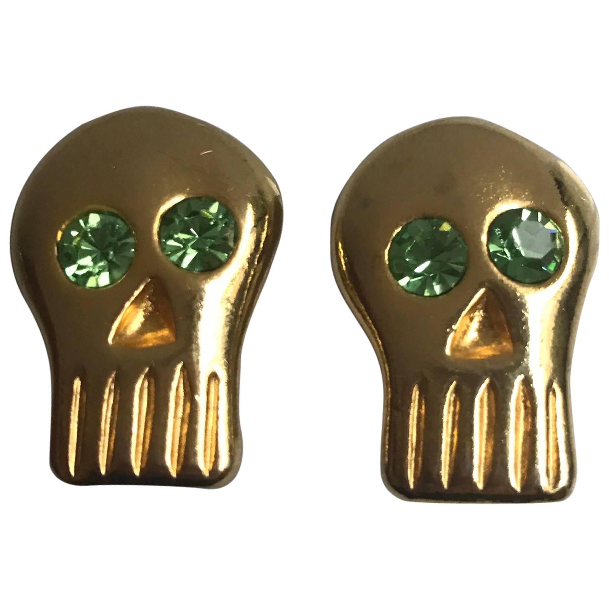 1980s BillyBoy* Surreal Bijoux Gold Tone and Green Crystal Skull Earrings For Sale