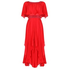 1970s Ted Lapidus Haute Couture Flame Red Silk Dress