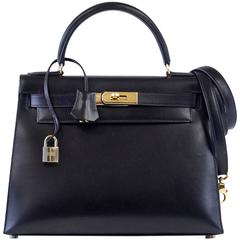HERMES KELLY 28 Bag Vintage Black Sellier Box Leather Gold Hardware Very Rare 6