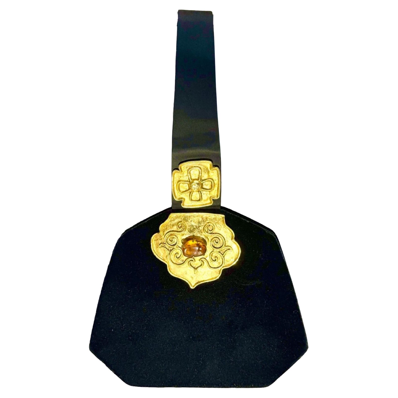 Christian Lacroix hexagon black velvet and satin handle bag For Sale