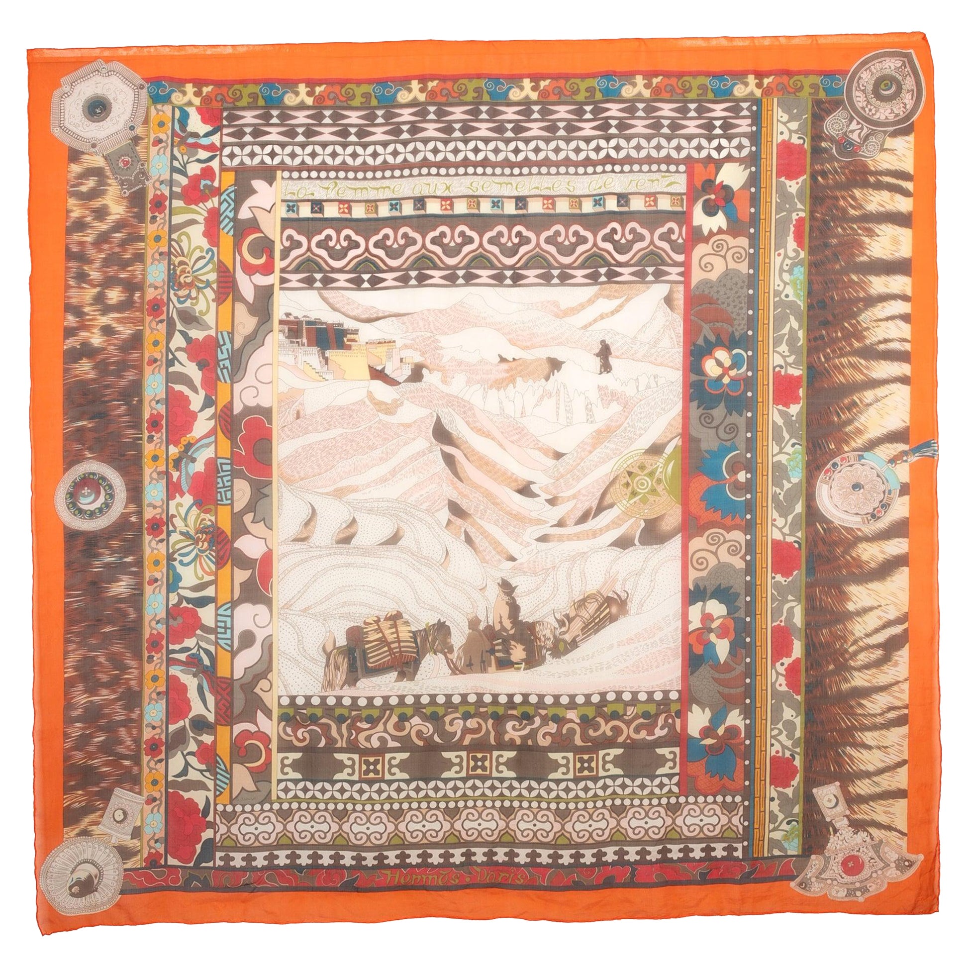 Hermès Silk Muslin Foulard/Scarf 'The Woman with the Wind Shoe Soles', 2009 For Sale