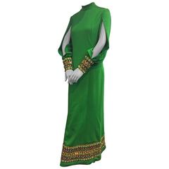 1960s Jean-Louis Kelly-Green Wool Knit Gown w Jeweled Cuffs and Hem