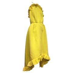 1960s Miss Brown Canary Yellow Ruffled Low-Back Halter Gown