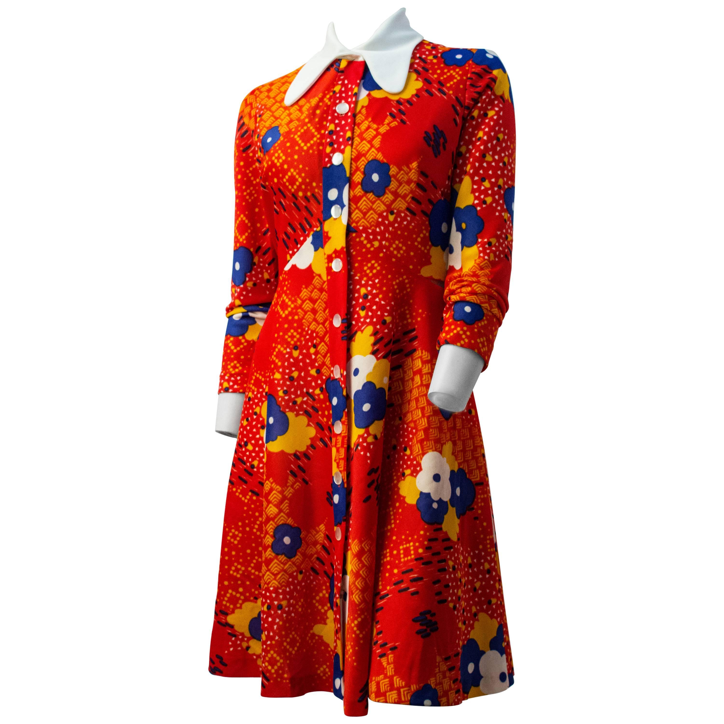 60s Leslie Fay for Joseph Magnin Printed Round Collar Orange Dress