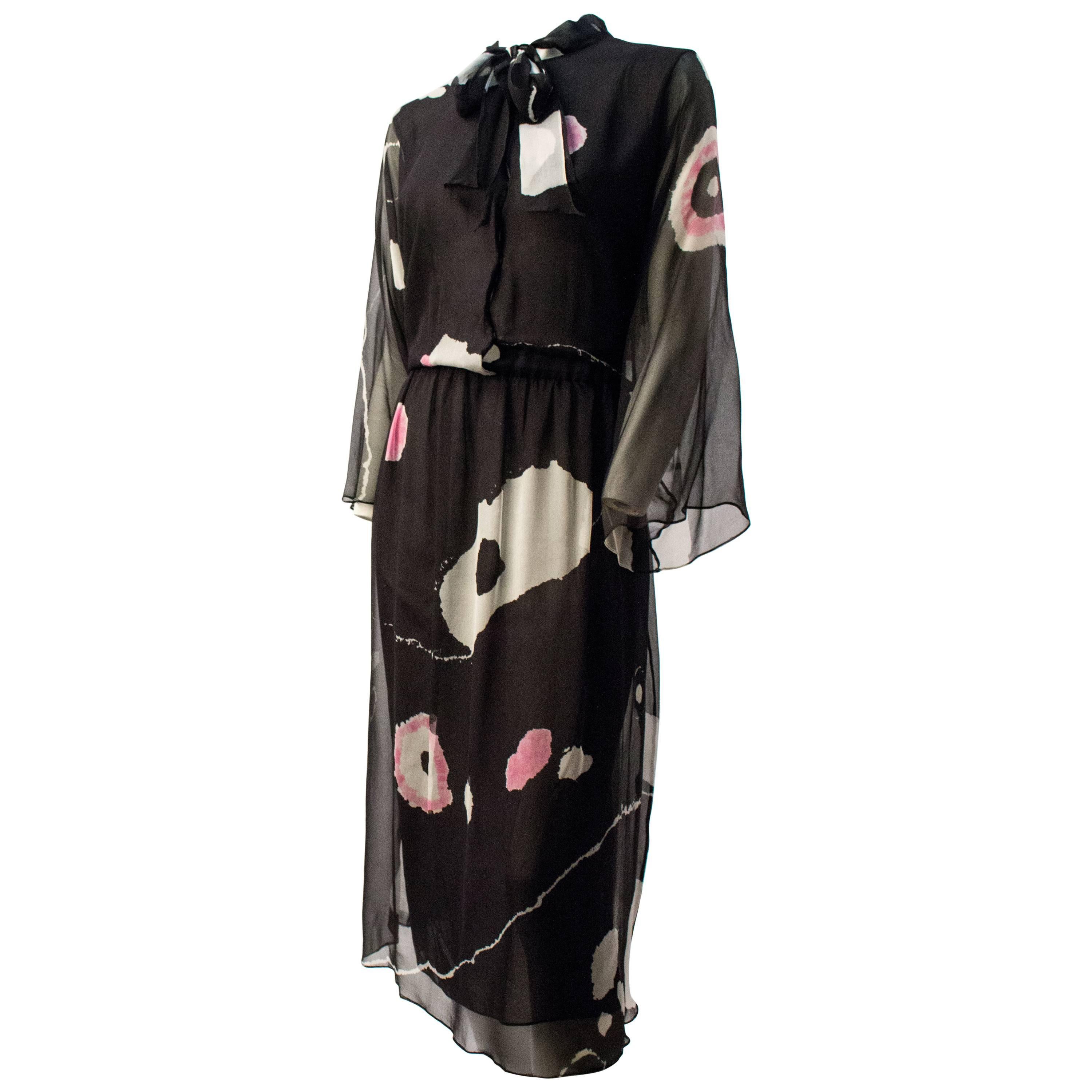 70s Hanae Mori Printed Silk Chiffon Dress