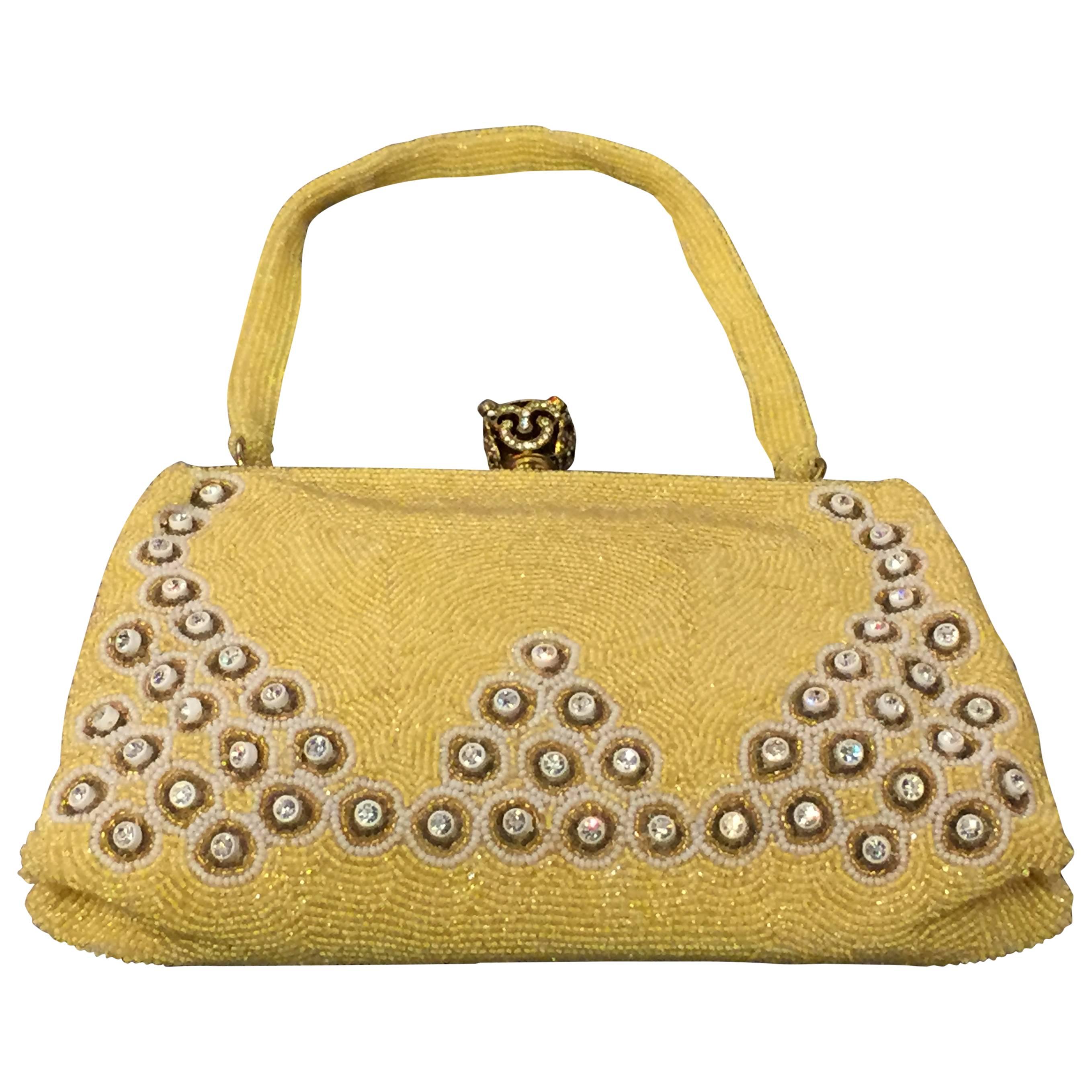 1950s Belgium-Made Buttercup Yellow Beaded Handbag w Rhinestones and Jewels 