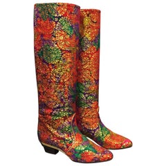 1980s Escada Red Purple and Green Gold Lamé Brocade Boots w Stacked Heel