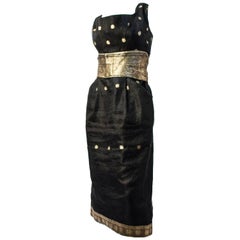 60s Sari Fabric Cocktail Dress, Black Organza w/ Gold Threads